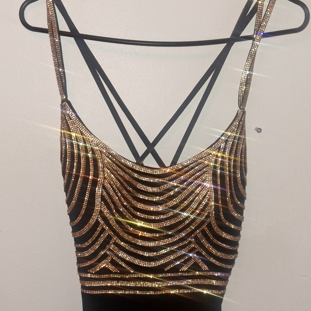 Dave & Johnny Black and Gold Prom Dress
